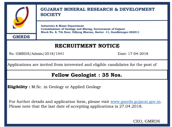 GMRDS Recruitment 2018 –35 Vacancies Fellow Geologist