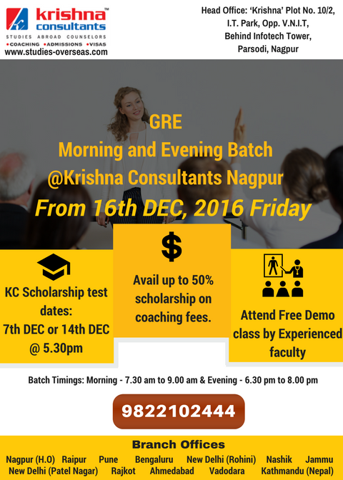 New GRE Batch Starting from 16th DEC, 2016, Nagpur, Maharashtra, India