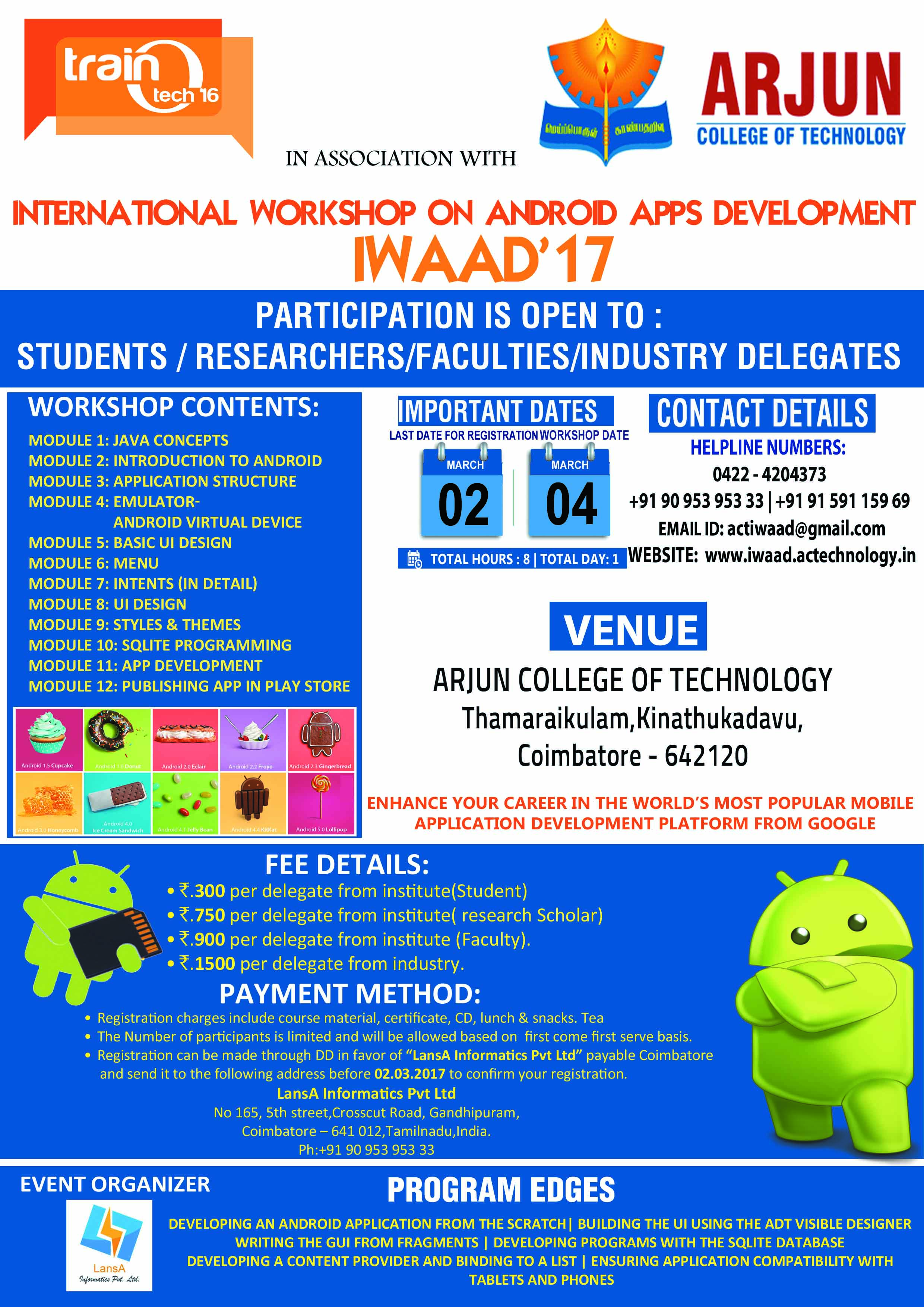 International Workshop on Android Application Development, Coimbatore, Tamil Nadu, India