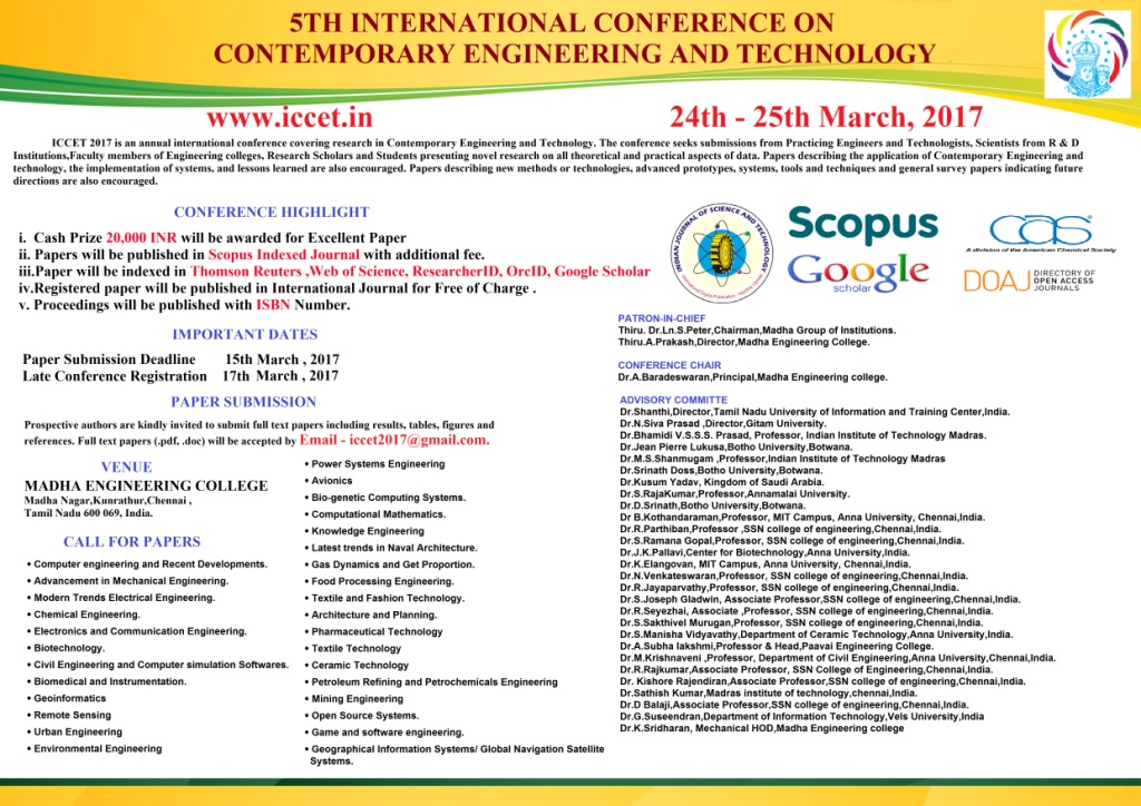Fifth International Conference on Contemporary Engineering and Technology, Chennai, Tamil Nadu, India