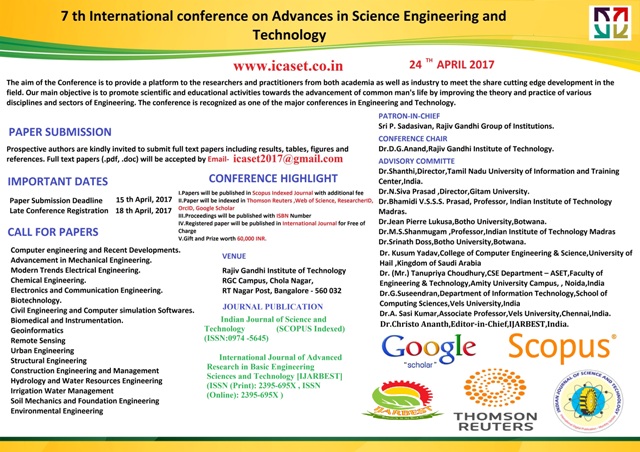 7 th International conference on Advances in Science Engineering and Technology, Bangalore, Karnataka, India
