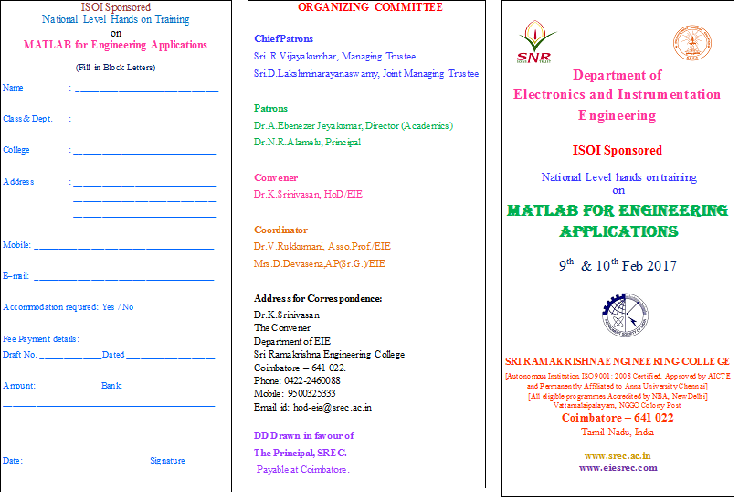National Level hands on training  on MATLAB for Engineering Applications, Coimbatore, Tamil Nadu, India
