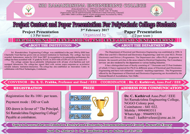 Project Contest and Paper Presentation for Polytechnic College Students, Coimbatore, Tamil Nadu, India