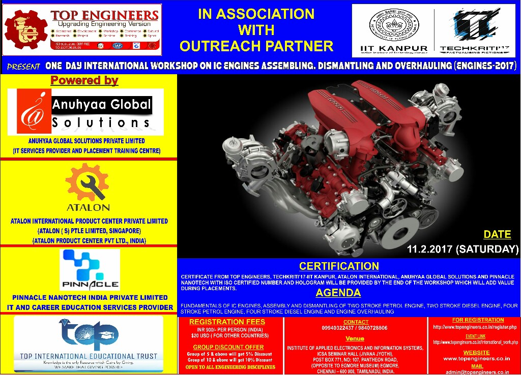 One Day International Workshop on IC Engines Assembling, Dismantling And Overhauling (Engines-2017), Chennai, Tamil Nadu, India
