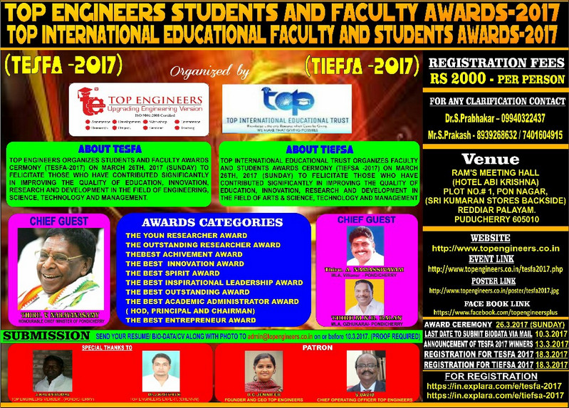 Top Engineers Students and Faculty Awards - 2017 (TESFA -2017), Puducherry, India