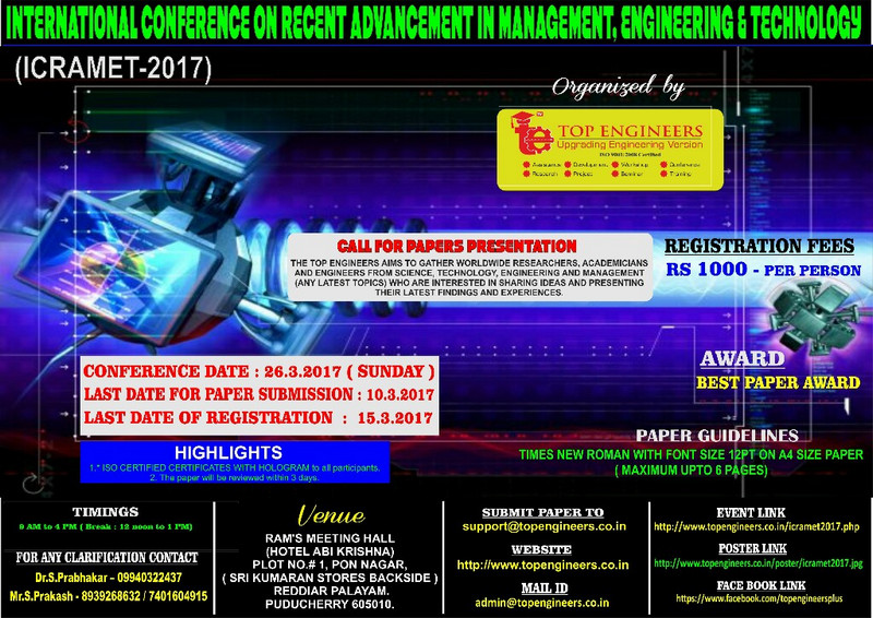 International Conference on Recent Advancement in Management, Engineering &Technology (ICRAMET-2017), Puducherry, India