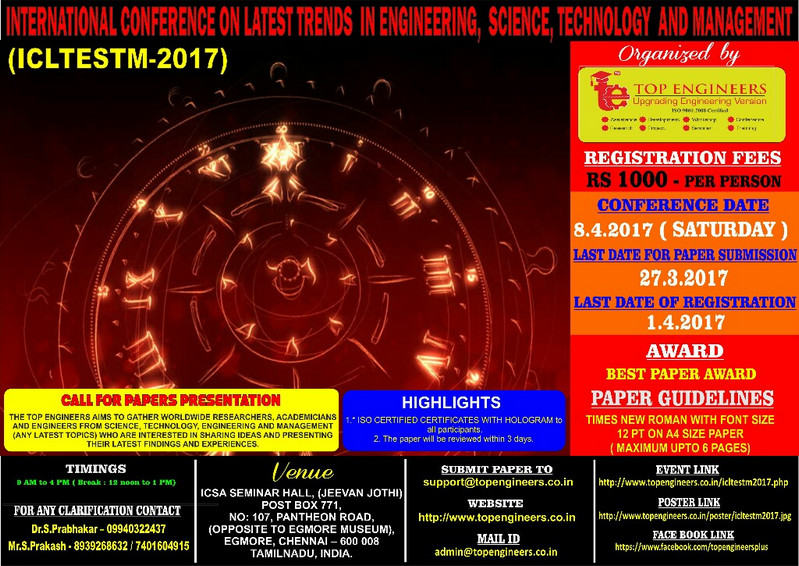International Conference on Latest Trends in Engineering, Science, Technology and Management (ICLTESTM-2017), Chennai, Tamil Nadu, India