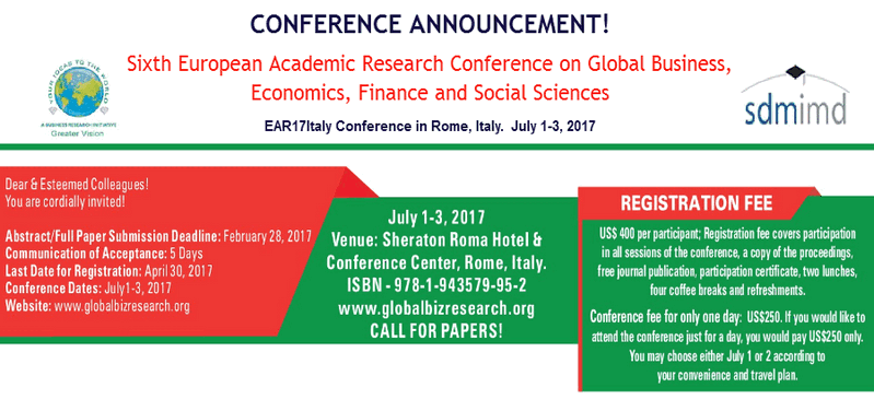 Sixth European Academic Research Conference on Global Business, Economics, Finance and Social Sciences, Rome, Lazio, Italy