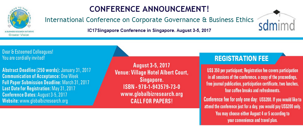 International Conference on Corporate Governance & Business Ethics - IC17Singapore, Central, Singapore