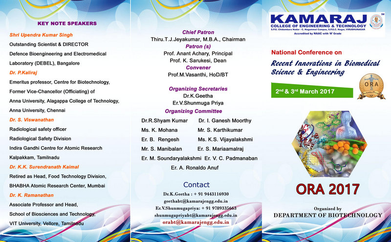 Extended Abstract Submission - ORA 2017 - National Conference on "Recent innovations in Biomedical Science & Engineering", Virudhunagar, Tamil Nadu, India