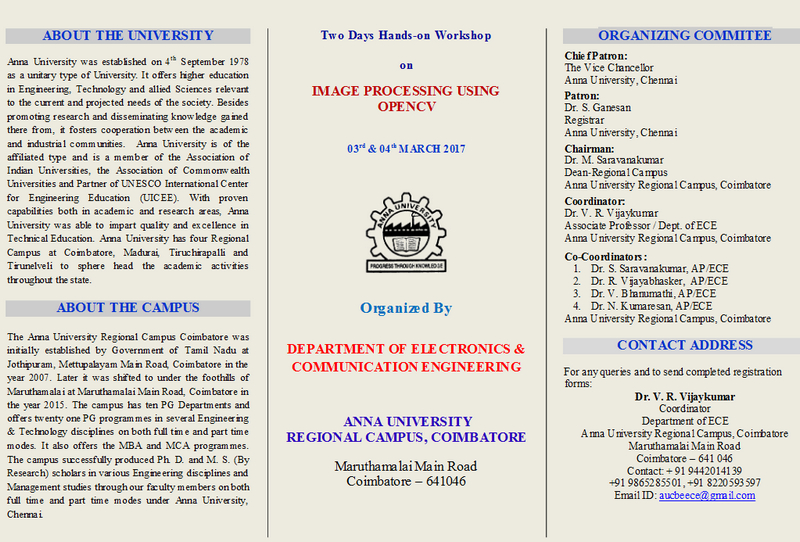 Two Days Hands-On Workshop on Image Processing Using OPENCV, Coimbatore, Tamil Nadu, India