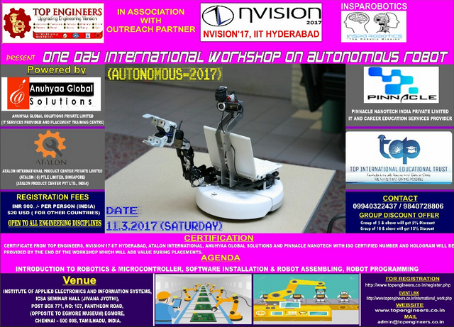 One Day International Workshop on Autonomous Robot (AUTONOMOUS-2017), Chennai, Tamil Nadu, India