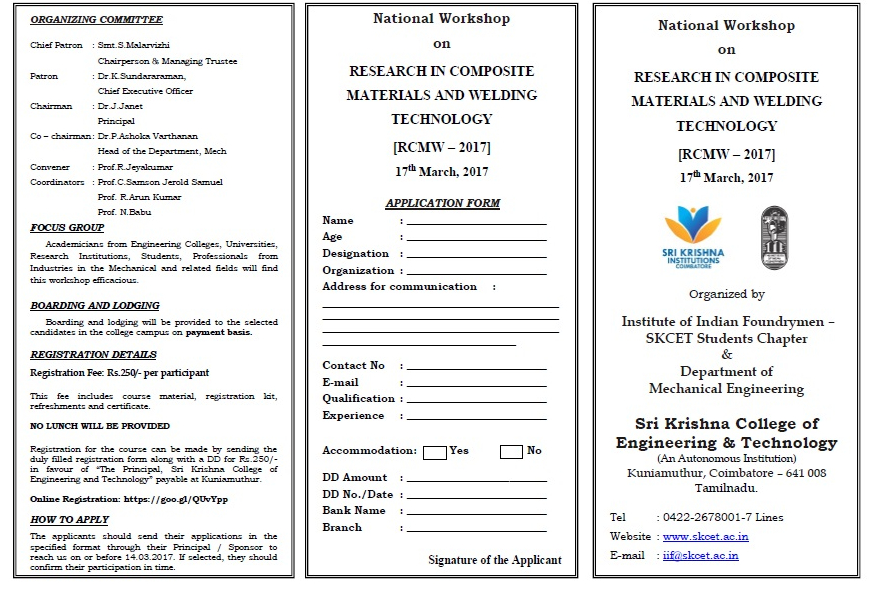 National Workshop on Research in Composite Materials and Welding Technology, Coimbatore, Tamil Nadu, India
