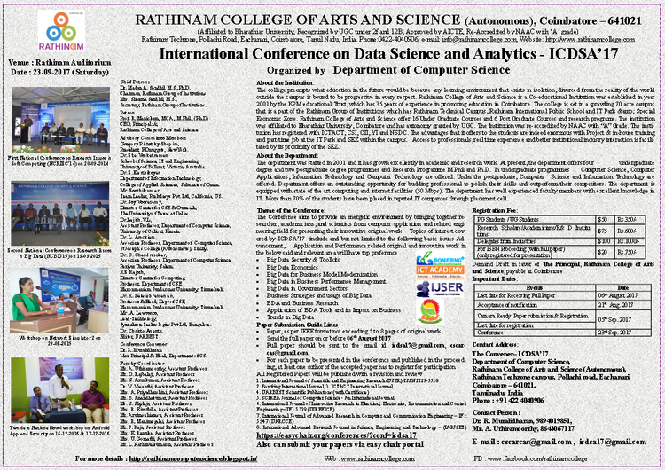 International Conference on Data Science and Analytics, Coimbatore, Tamil Nadu, India