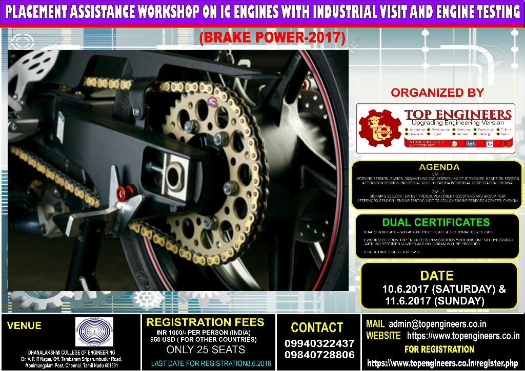 Placement Assistance Workshop on IC Engines with Industrial Visit and Engine Testing (BRAKE POWER-2017), Chennai, Tamil Nadu, India