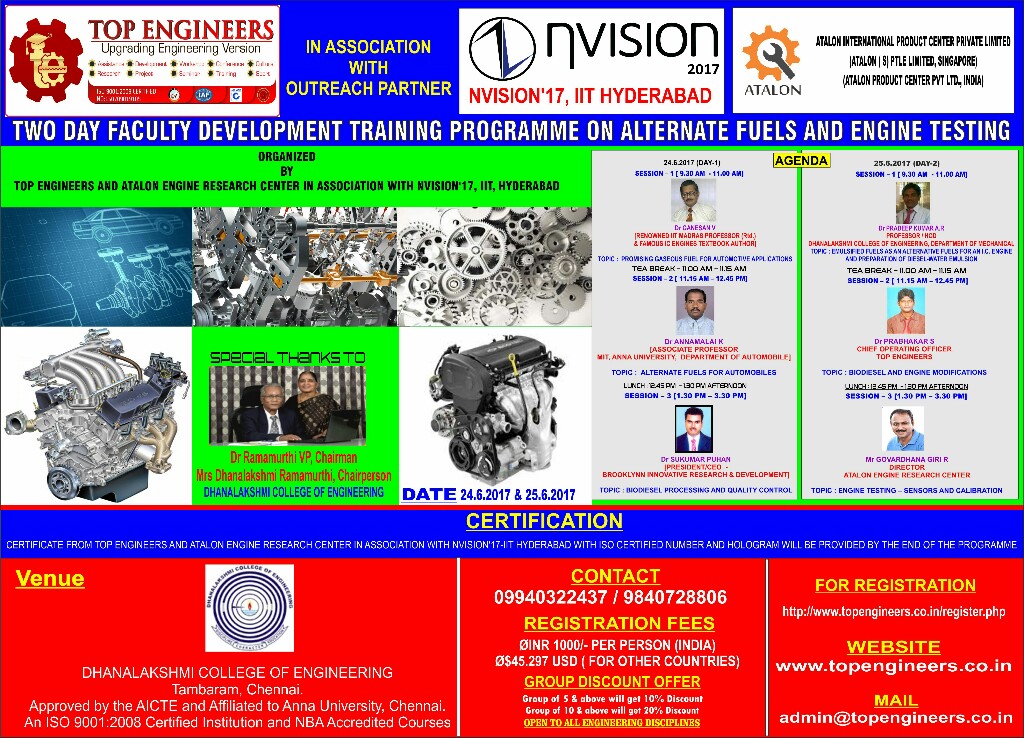 Two Days Faculty Development Training Programme on Alternate Fuels and  Engine Testing, Chennai, Tamil Nadu, India