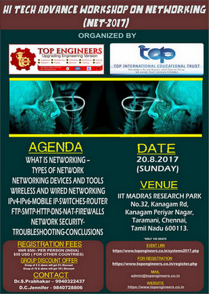 Hi Tech Advance Workshop on Networking  (NET-2017), Chennai, Tamil Nadu, India