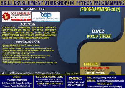 Skill Development Workshop on Python Programming (PROGRAMMING-2017), Chennai, Tamil Nadu, India