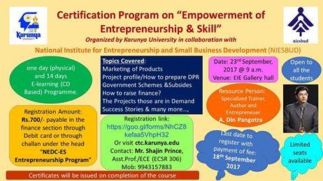 Certification Program on “Empowerment of Entrepreneurship & Skill”, Coimbatore, Tamil Nadu, India