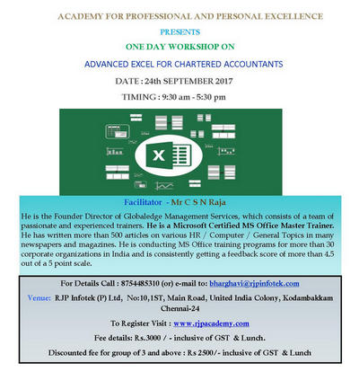 One Day Workshop on Advanced Excel Training for Chartered Accountants, Chennai, Tamil Nadu, India