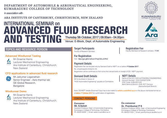 International Seminar on Advanced Fluid Research and Testing, Coimbatore, Tamil Nadu, India