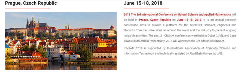 2018 The 3rd International Conference on Natural Science and Applied Mathematics (ICNSAM 2018)+Scopus, Prague, Czech Republic