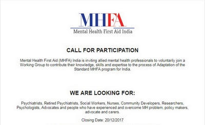 Mental Health First Aid India - Call for participation, Chennai, Tamil Nadu, India