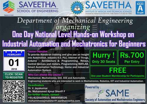 One Day National Level Hands-on Workshop on Industrial Automation and Mechatronics for Beginners, Chennai, Tamil Nadu, India