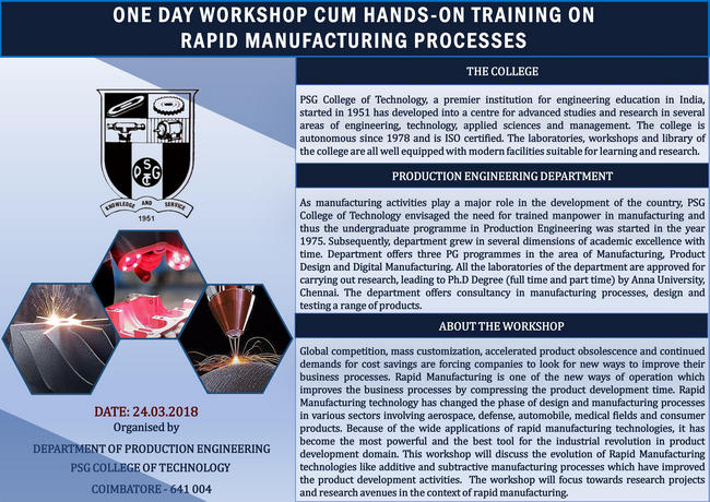 One Day Workshop Cum Hands-On Training On Rapid Manufacturing Processes, Coimbatore, Tamil Nadu, India