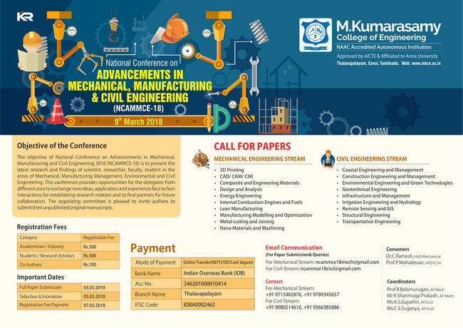 National Conference On Advancements In Mechanical, Manufacturing And Civil Engineering (NCAMMCE'18), Karur, Tamil Nadu, India