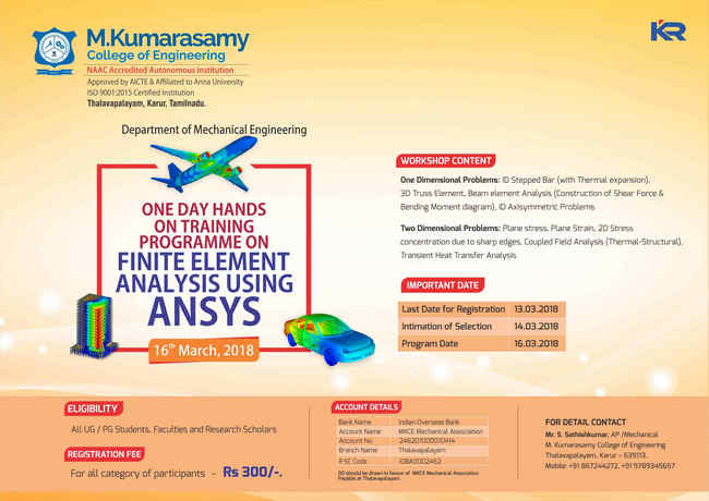 One Day Hands on Training Programme on Finite Element Analysis using ANSYS, Karur, Tamil Nadu, India