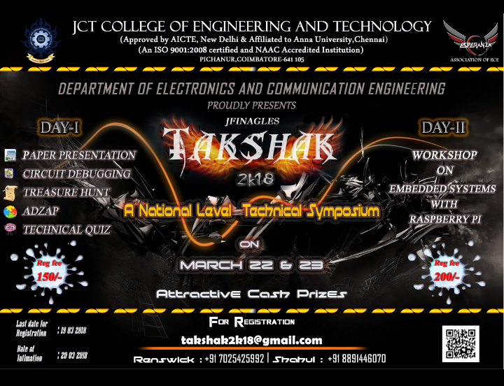 National Level Technical Symposium-TAKSHAK 2k18, Coimbatore, Tamil Nadu, India