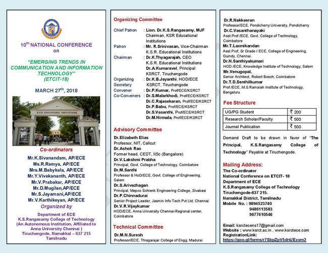 10th National Conference on Emerging Trends in Communication and Information Technology, Namakkal, Tamil Nadu, India