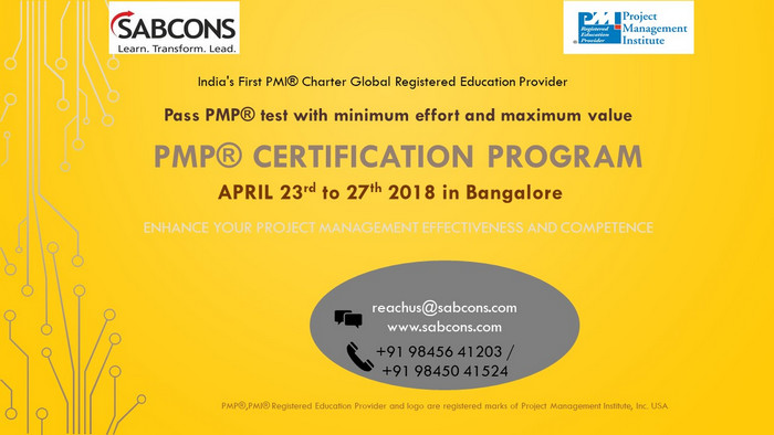 PMP® Certification program on 6th Edition 23rd to 27th April 2018, Bangalore, Karnataka, India