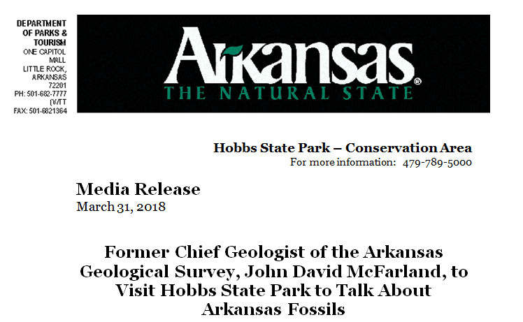 Former Chief Geologist of the Arkansas Geological Survey, John David McFarland, to Visit Hobbs State Park to Talk About Arkansas Fossils, Arkansas, United States