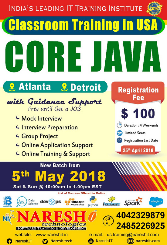 Core Java Classroom Training in USA - NareshIT, Atlanta, Georgia, United States