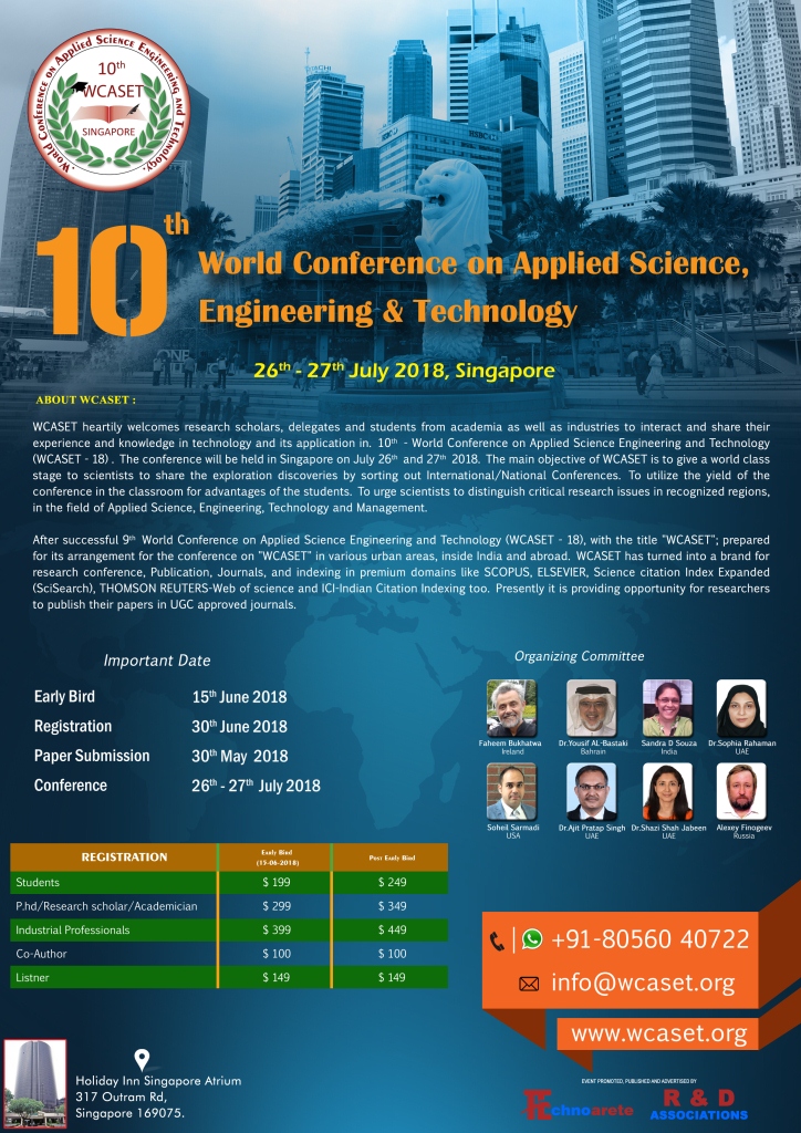 10th - World Conference on Applied Science Engineering and Technology (WCASET - 18), North East, Singapore