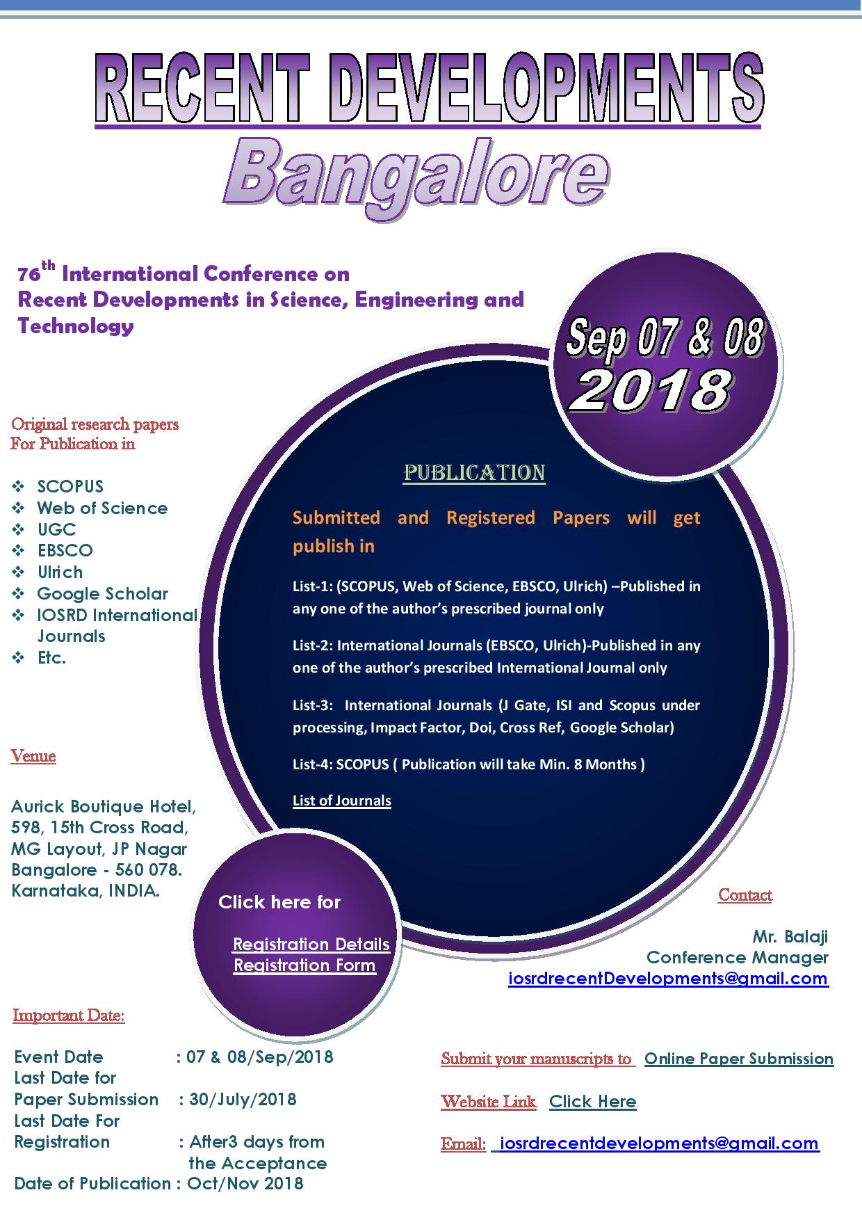 76th International Conference on Recent Developments in Science, Engineering and Technology, Bangalore, Karnataka, India