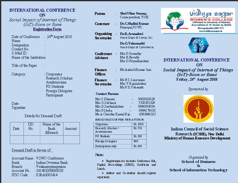International Conference on "Social Impact of Internet of Things (IoT) - Boon or Bane", Kanchipuram, Tamil Nadu, India