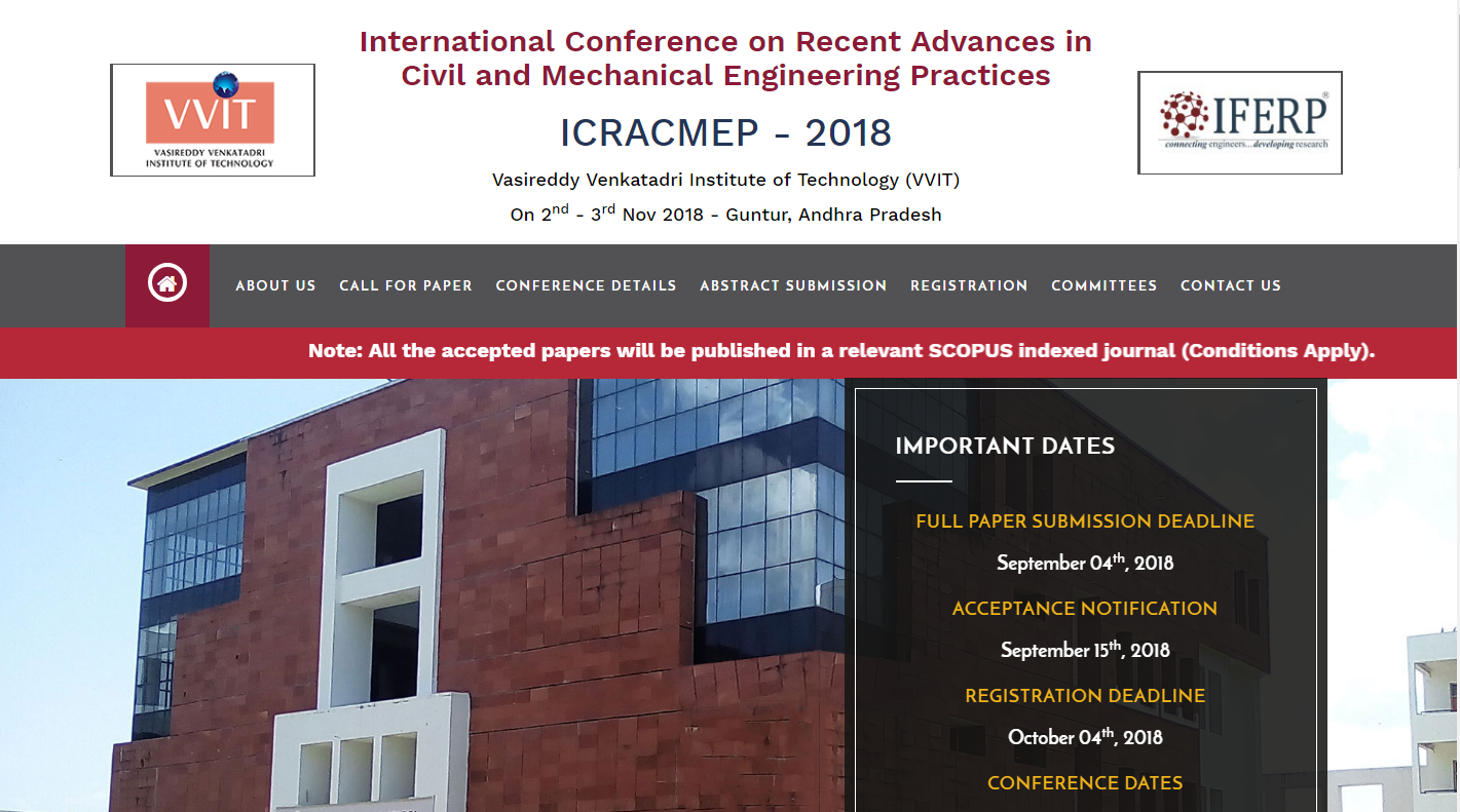 International Conference on Recent Advances in Civil and Mechanical Engineering Practices (ICRACMEP-2018), Guntur, Andhra Pradesh, India