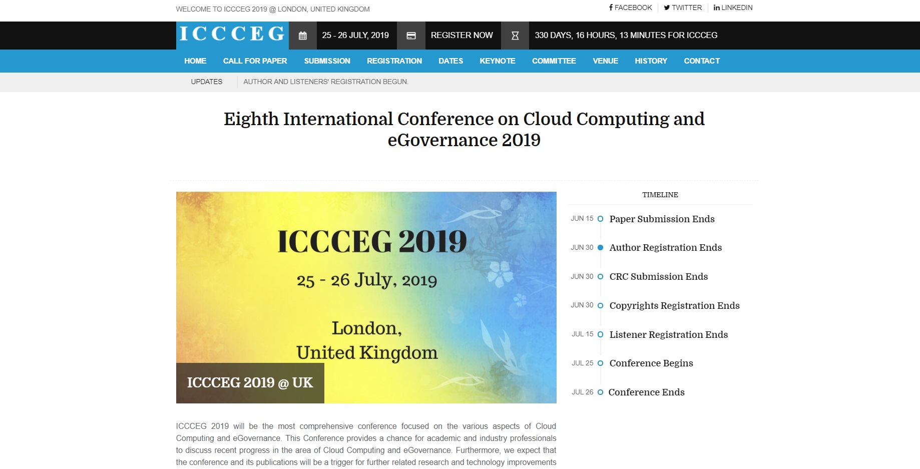 Eighth International Conference on Cloud Computing and eGovernance 2019, London, United Kingdom