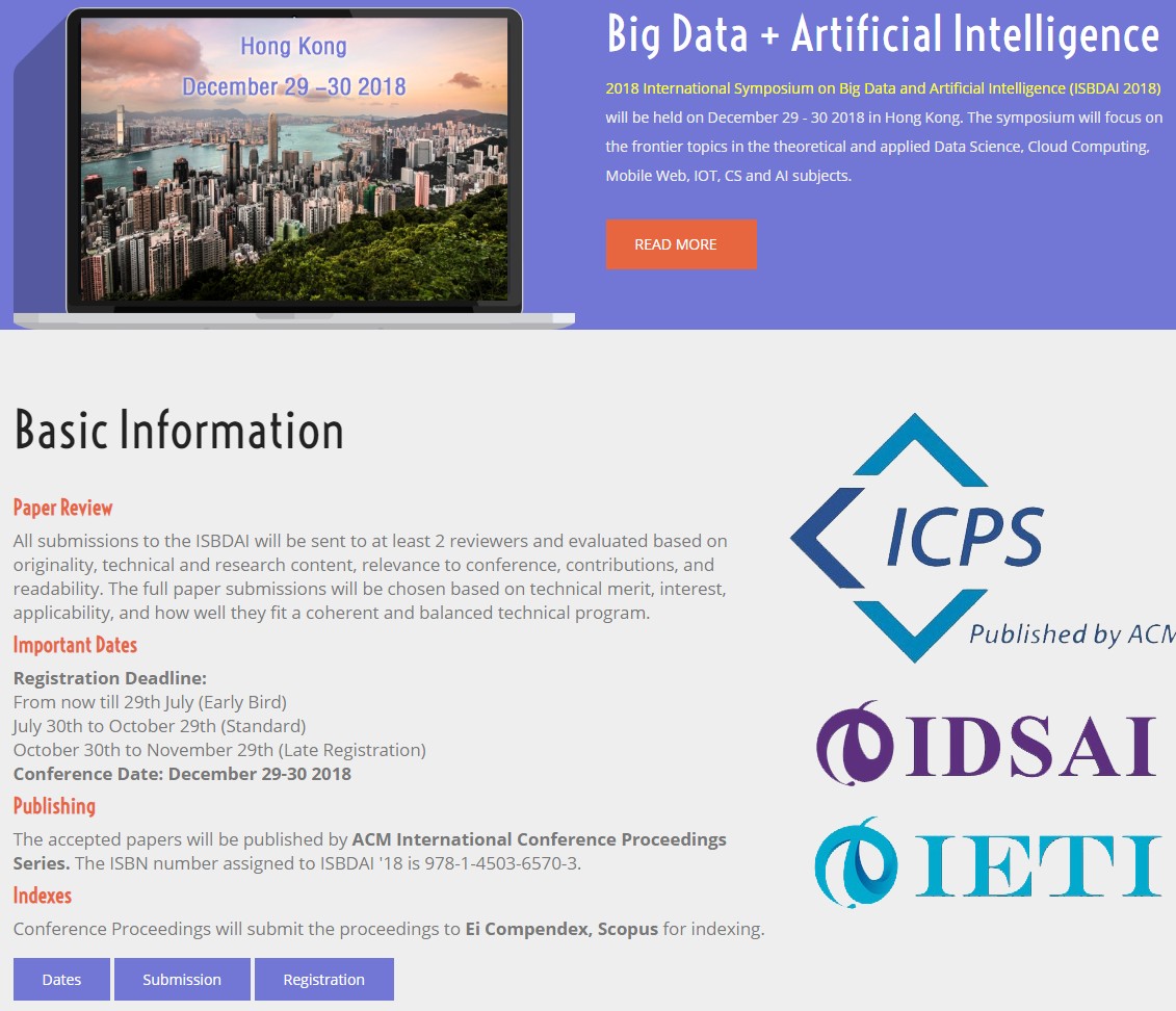 2018 International Symposium on Big Data and Artificial Intelligence (ISBDAI 2018), IETI, Hong Kong, Hong Kong