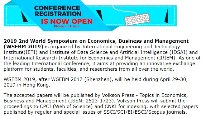 2019年第二届经济商业与管理国际会议（WSEBM 2019）, IETI, Hong Kong, Hong Kong