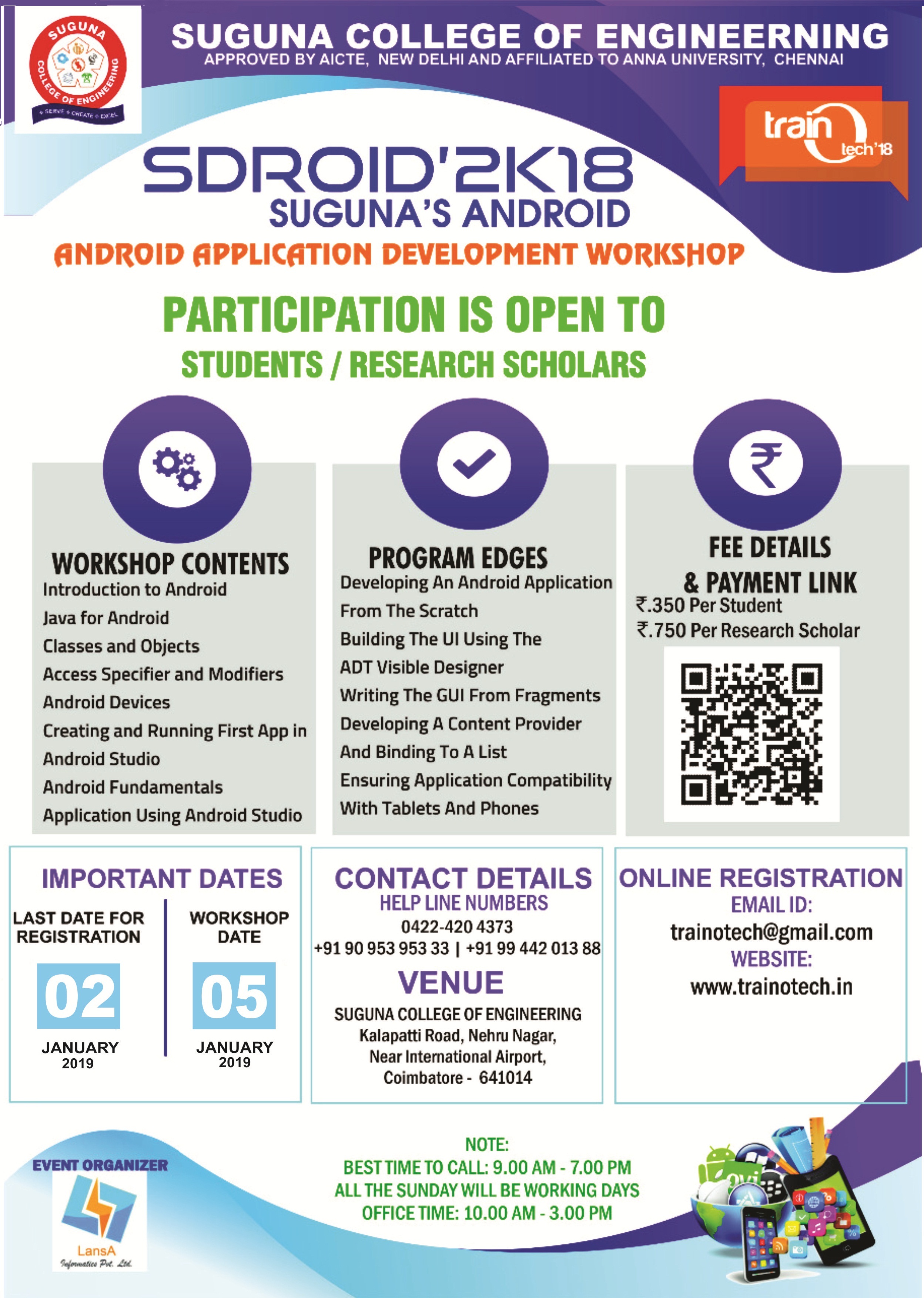 Android Application Development Workshop SDROID’18, Coimbatore, Tamil Nadu, India