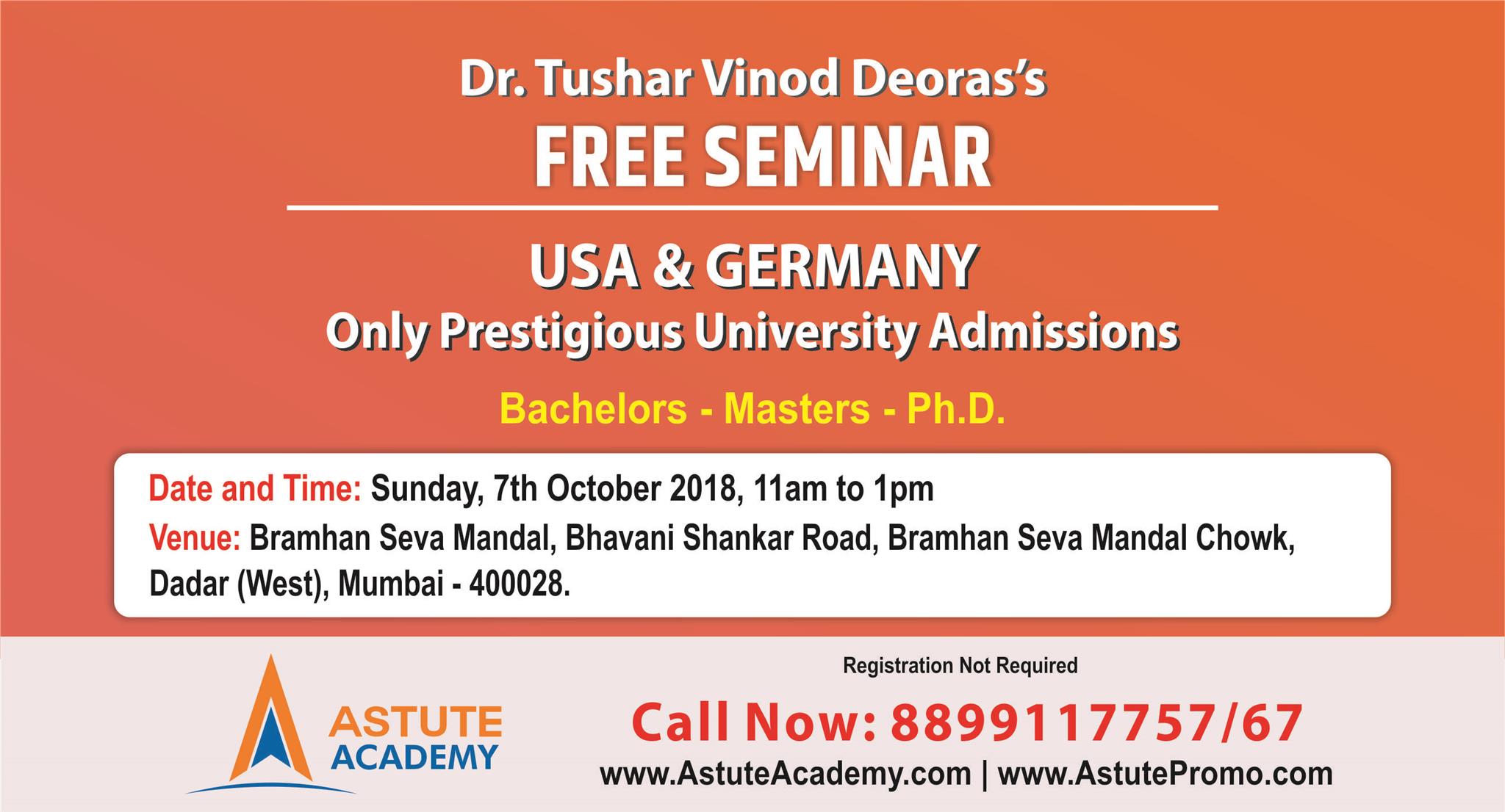 Free Seminar USA & Germany ONLY Prestigious University admissions, Pune, Maharashtra, India