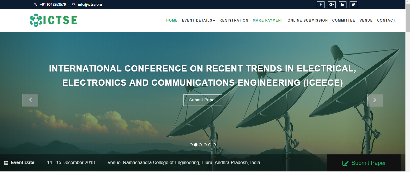 INTERNATIONAL CONFERENCE ON RECENT TRENDS IN ELECTRICAL, ELECTRONICS AND COMMUNICATIONS ENGINEERING (ICEECE), Eluru, Andhra Pradesh, India