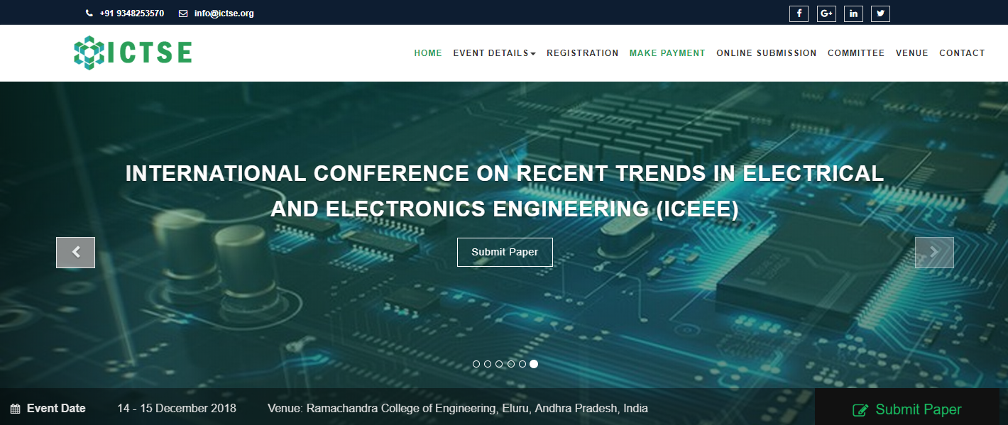 INTERNATIONAL CONFERENCE ON RECENT TRENDS IN ELECTRICAL AND ELECTRONICS ENGINEERING (ICEEE), West Godavari, Andhra Pradesh, India