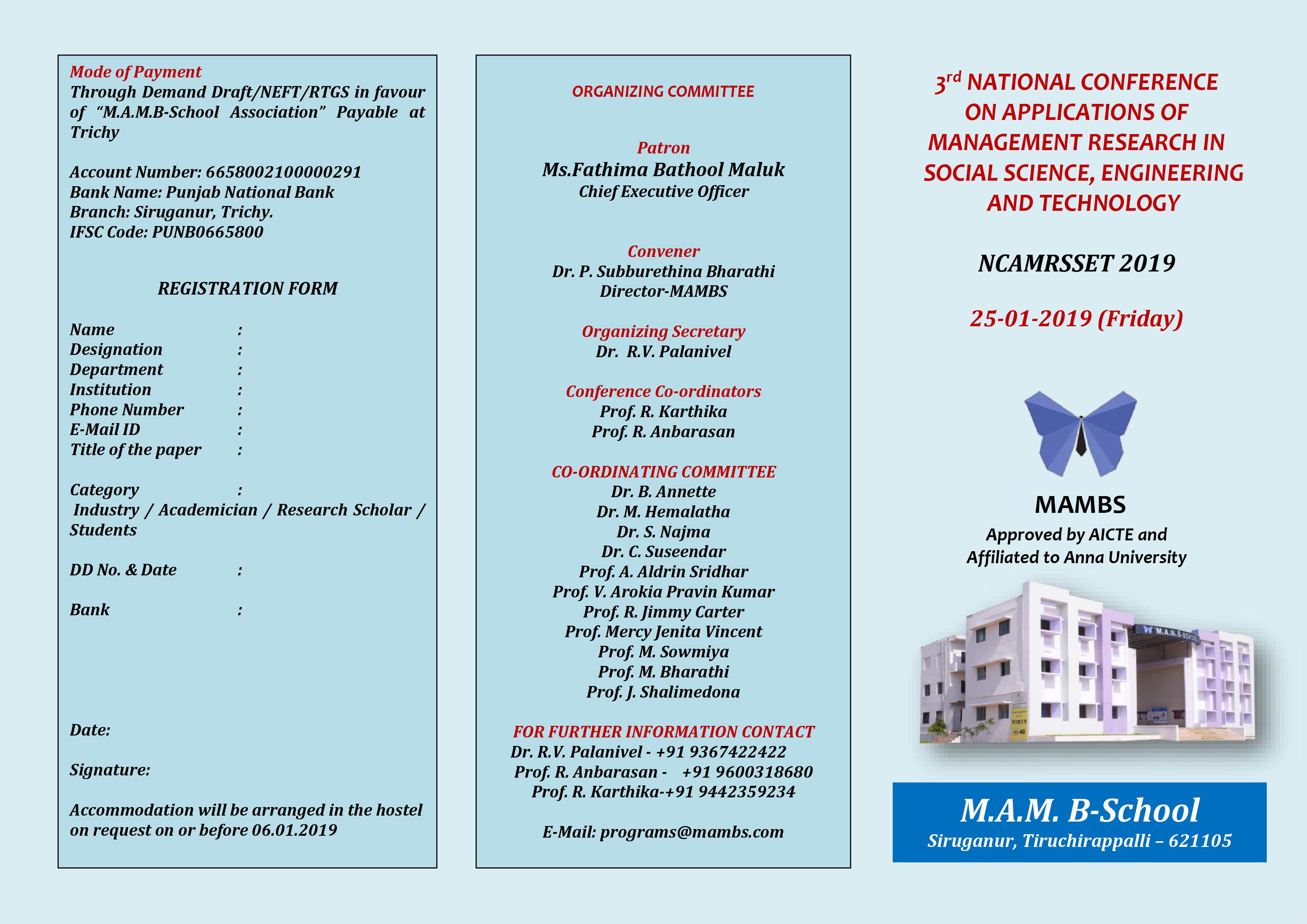 “National Conference on Application of Management Research in Social Science, Engineering and Technology” – NCAMRSSET 2019., Tiruchirappalli, Tamil Nadu, India