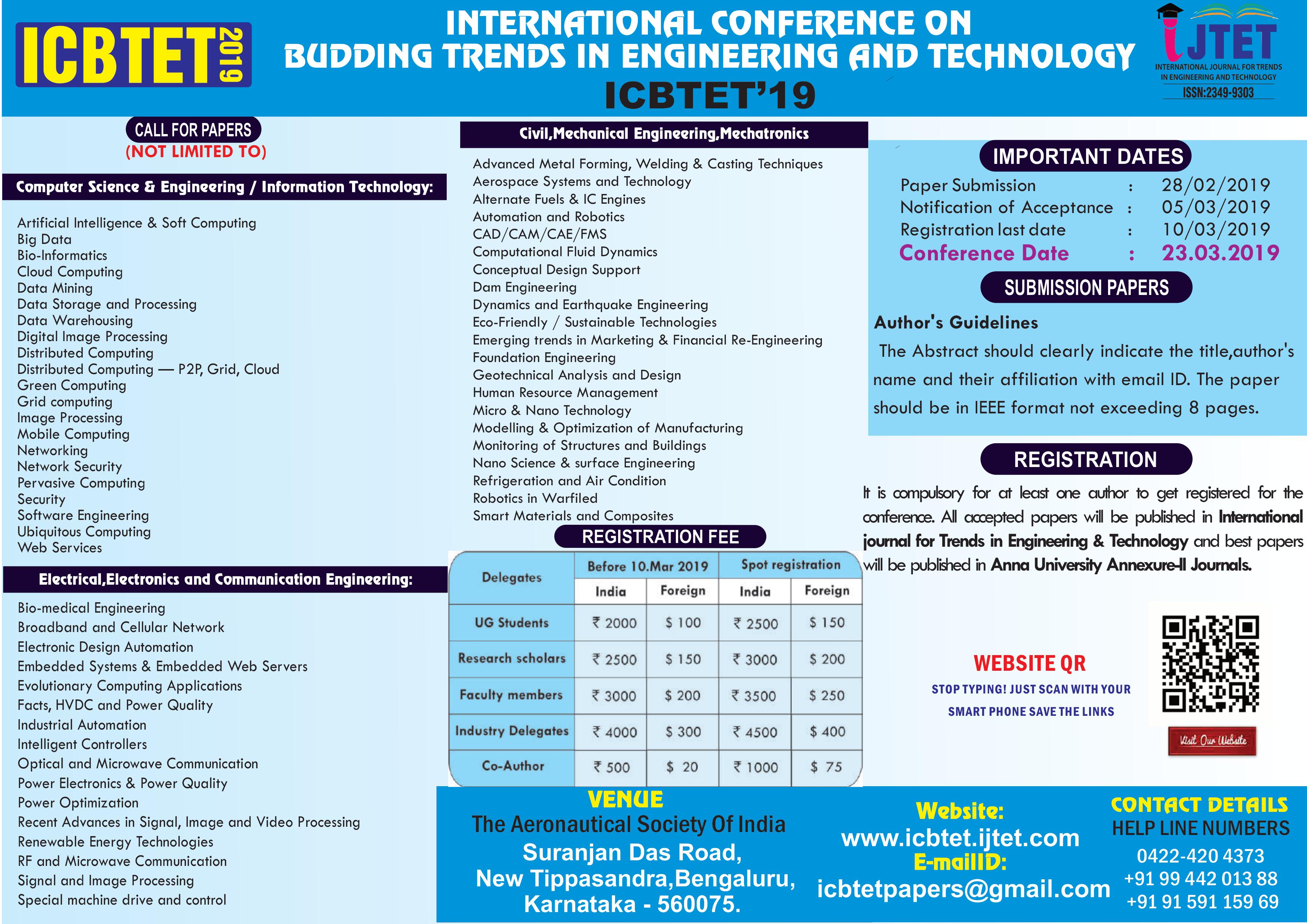 International Conference on Budding Trends in Engineering and Technology – ICBTET’19, Bangalore, Karnataka, India