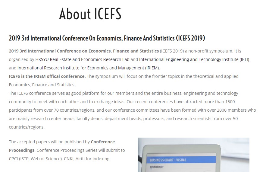 2019 3rd International Conference on Economics, Finance and Statistics (ICEFS2019）, Bright Way Tower, No. 33 Mong Kok Road,Kowloon,Hong Kong